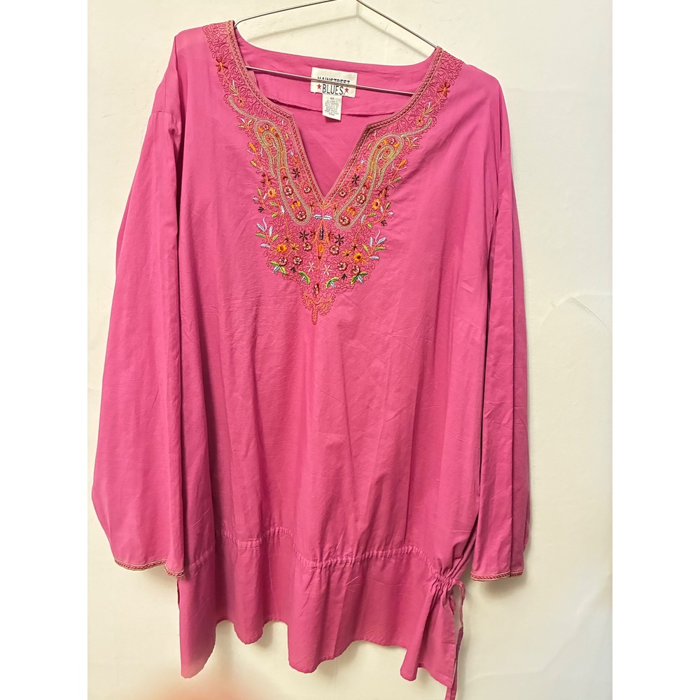 Mainstreet Blues Womens 4X Pink Embroidered Cotton Boho Tunic Top Drawstring
